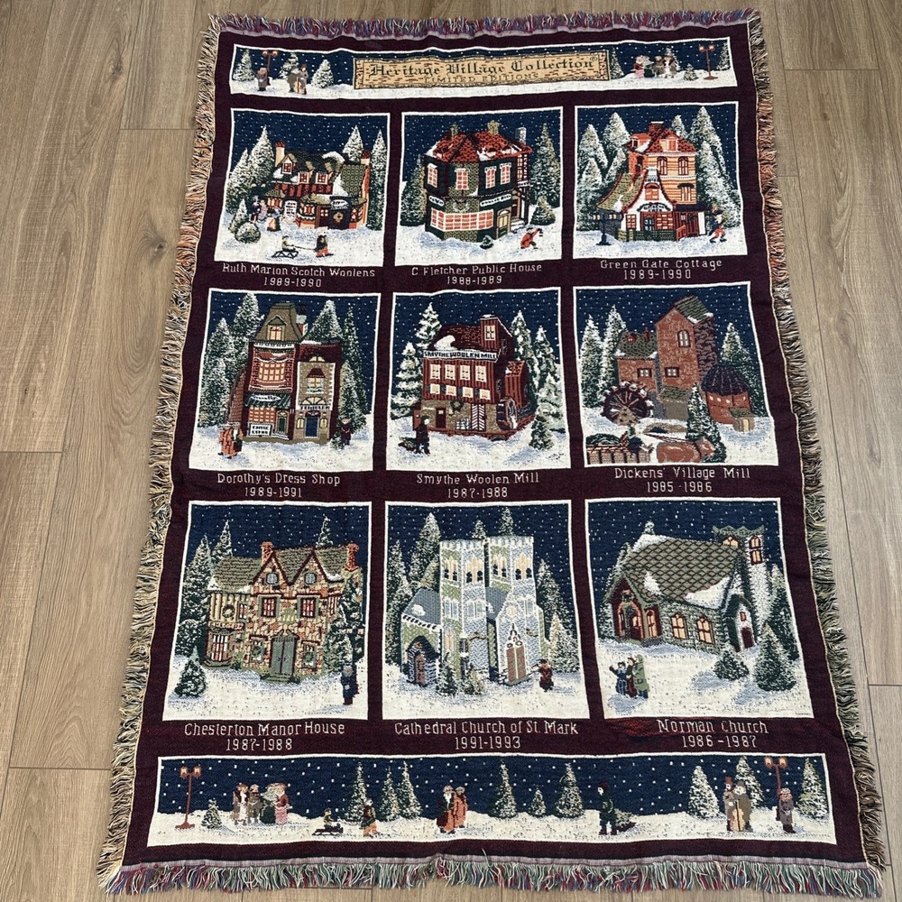 Vintage Dept 56 Heritage Village Tapestry Cotton Throw Blanket 46"x68" Fringe